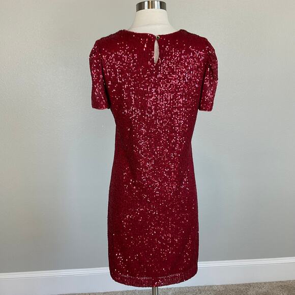 DKNY Red Sequined Cocktail Dress Size 10 Knee Length Short Sleeve Shift - Picture 4 of 11
